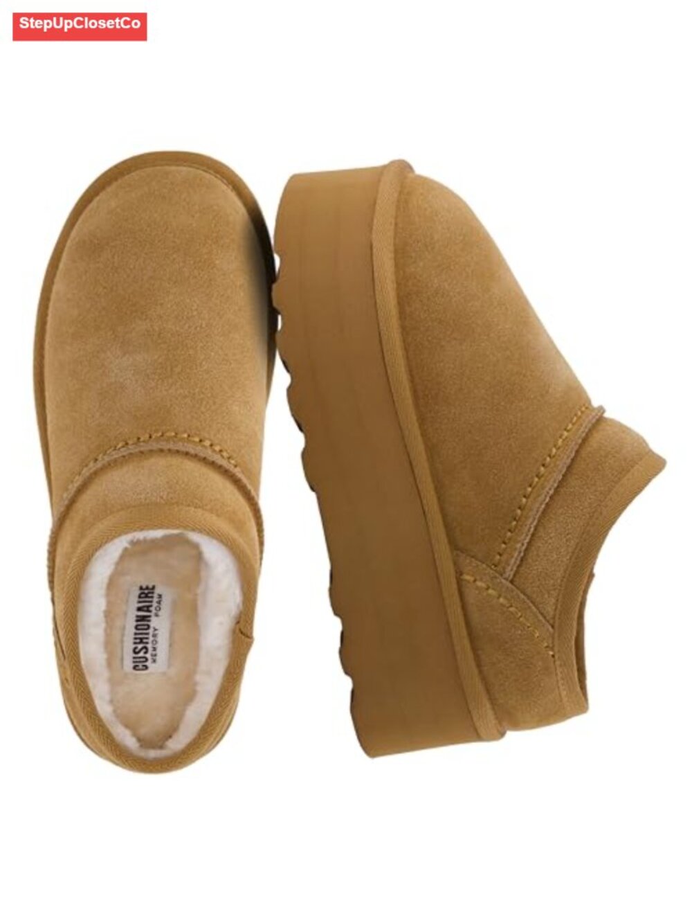 Genuine Suede Platform Slippers Faux Fur Lined Slip-On Mules